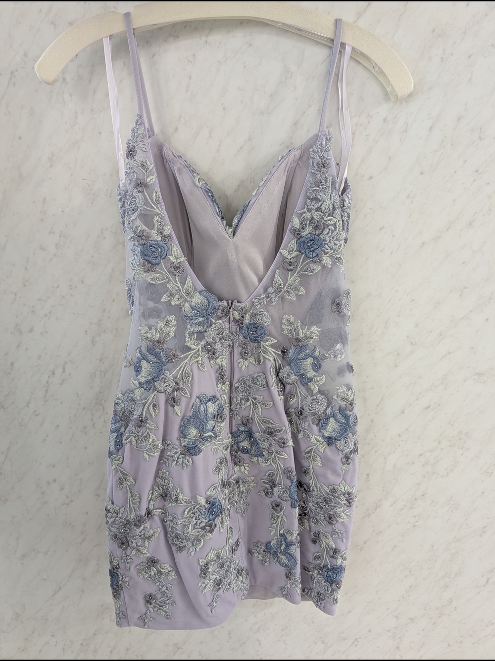 La Femme Lavender Embroidered Floral Prom Dress with Blue Accents